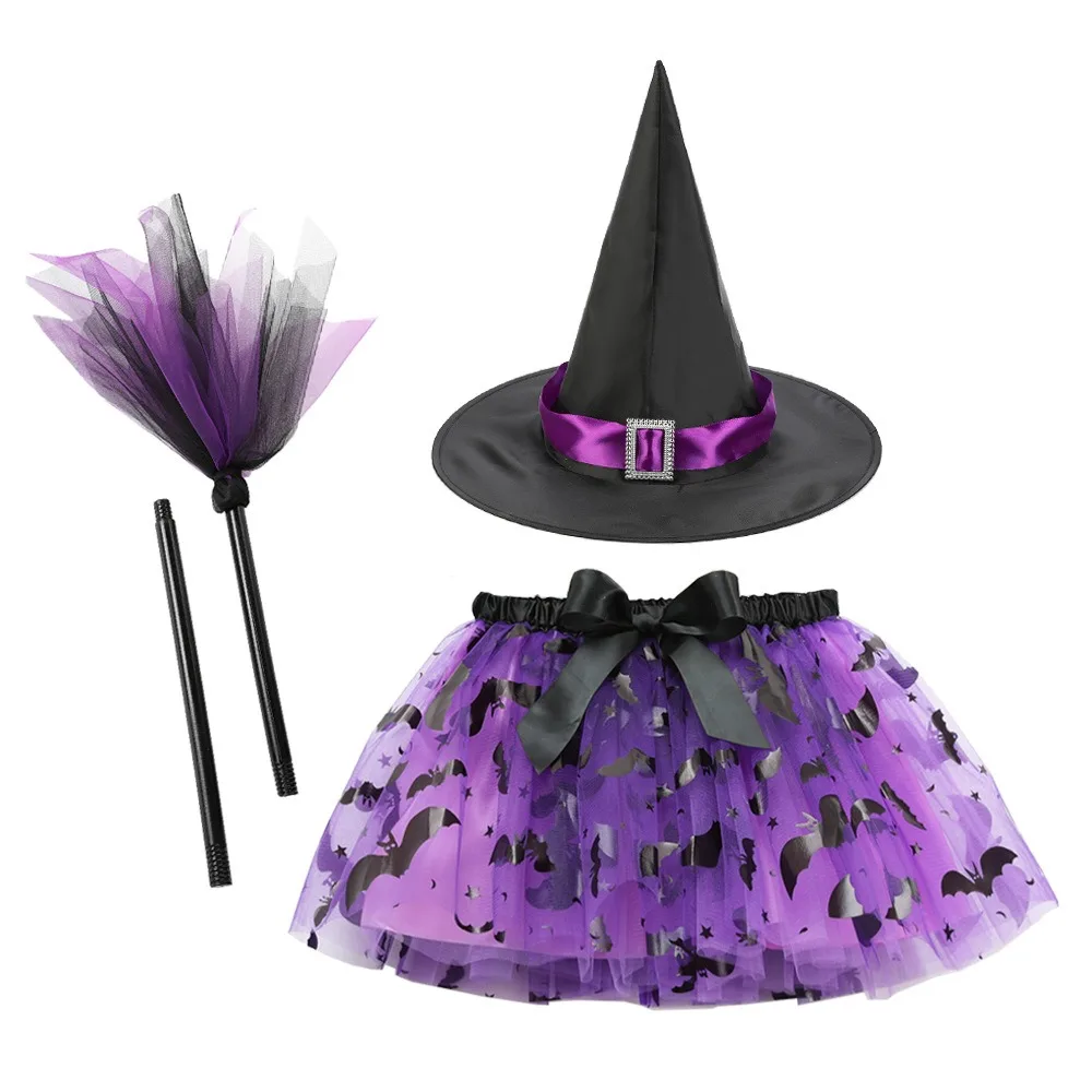 

3Pcs/set Wizard Childern Halloween Costumes Pointy Hat Bright Color Kids Witch Dress Set Costume Cosplay Props Short Skirt