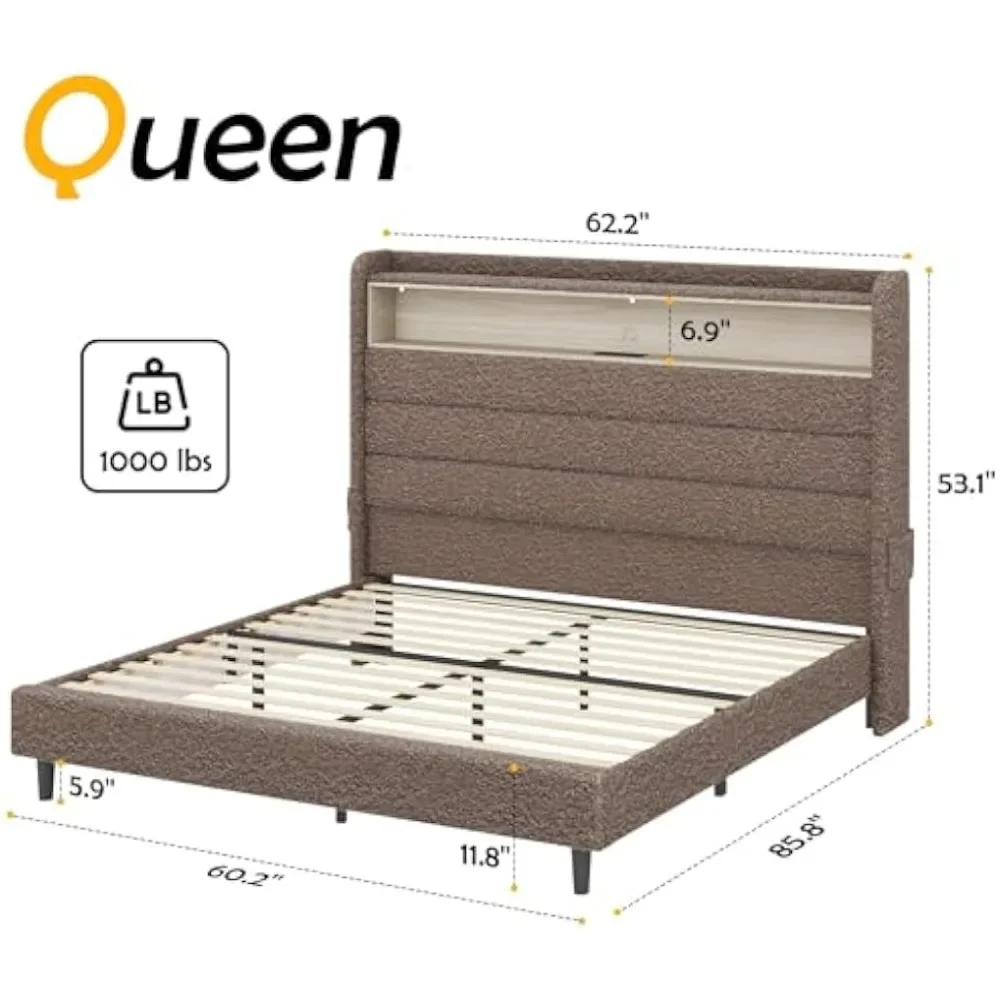 Queen Bed Frame with Tall Headboard and LED Lights Charging Station Upholstered Platform Bed Wingback,No Box Spring,Boucle Khaki