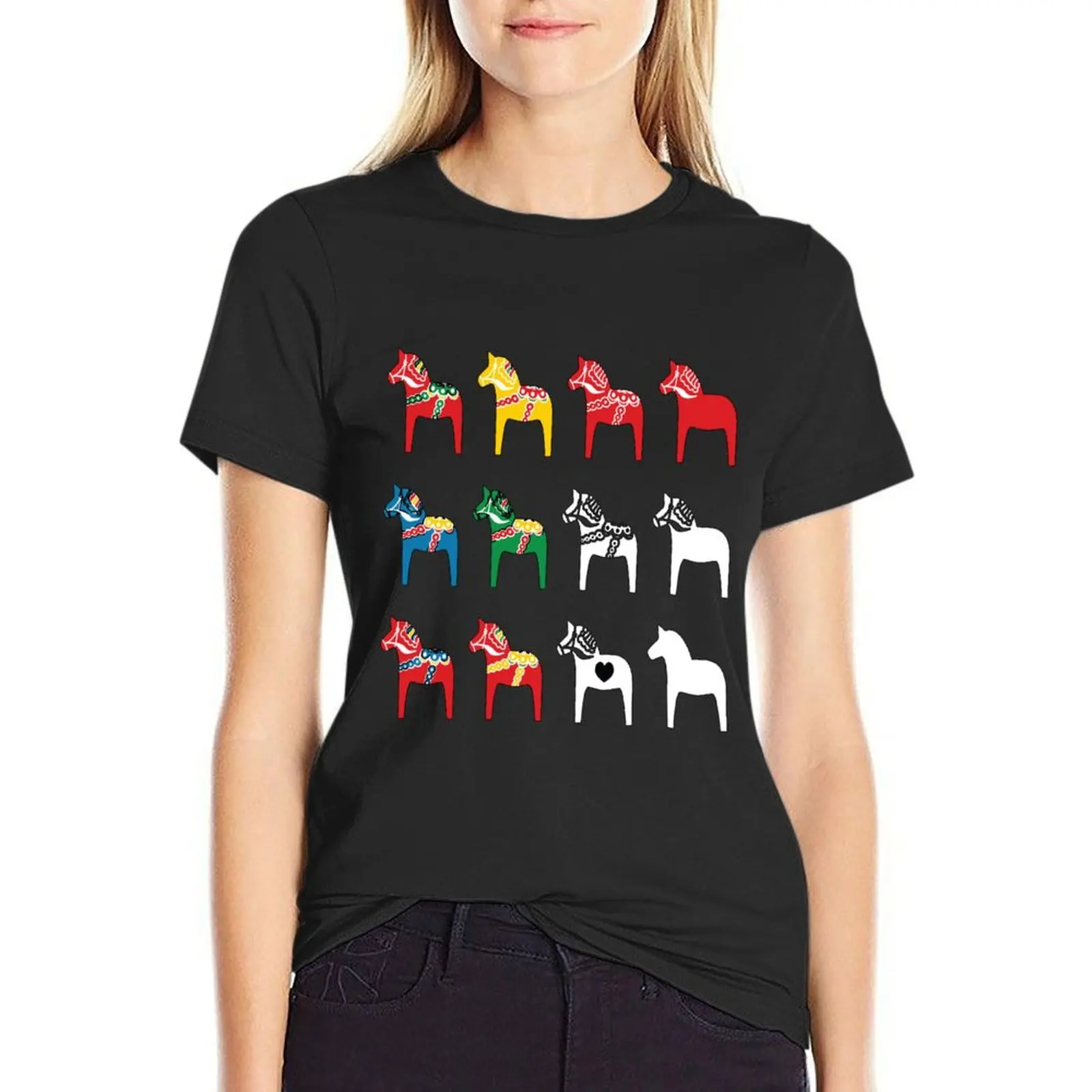 Dala Horses Dalarna Sweden Horse Dalecarlian Swedish Colorful T-Shirt Blouse funnys plus size tops tops cotton t shirts Women