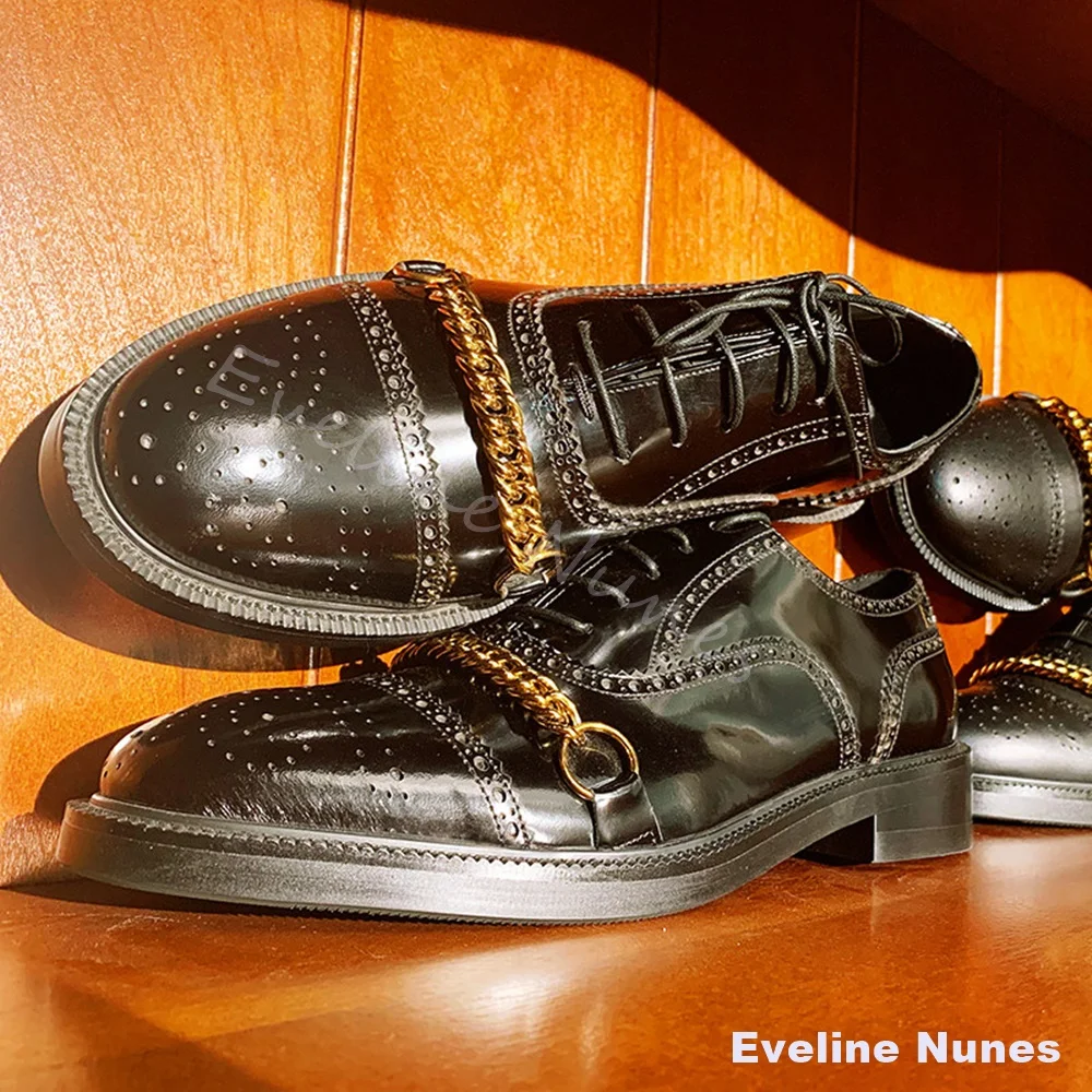 Men Patent Leather Derby Shoes Metal Round Toe Rivet Decor Lace Up Dress Shoes Thick Platform Punk Gothic Street Casual Shoes