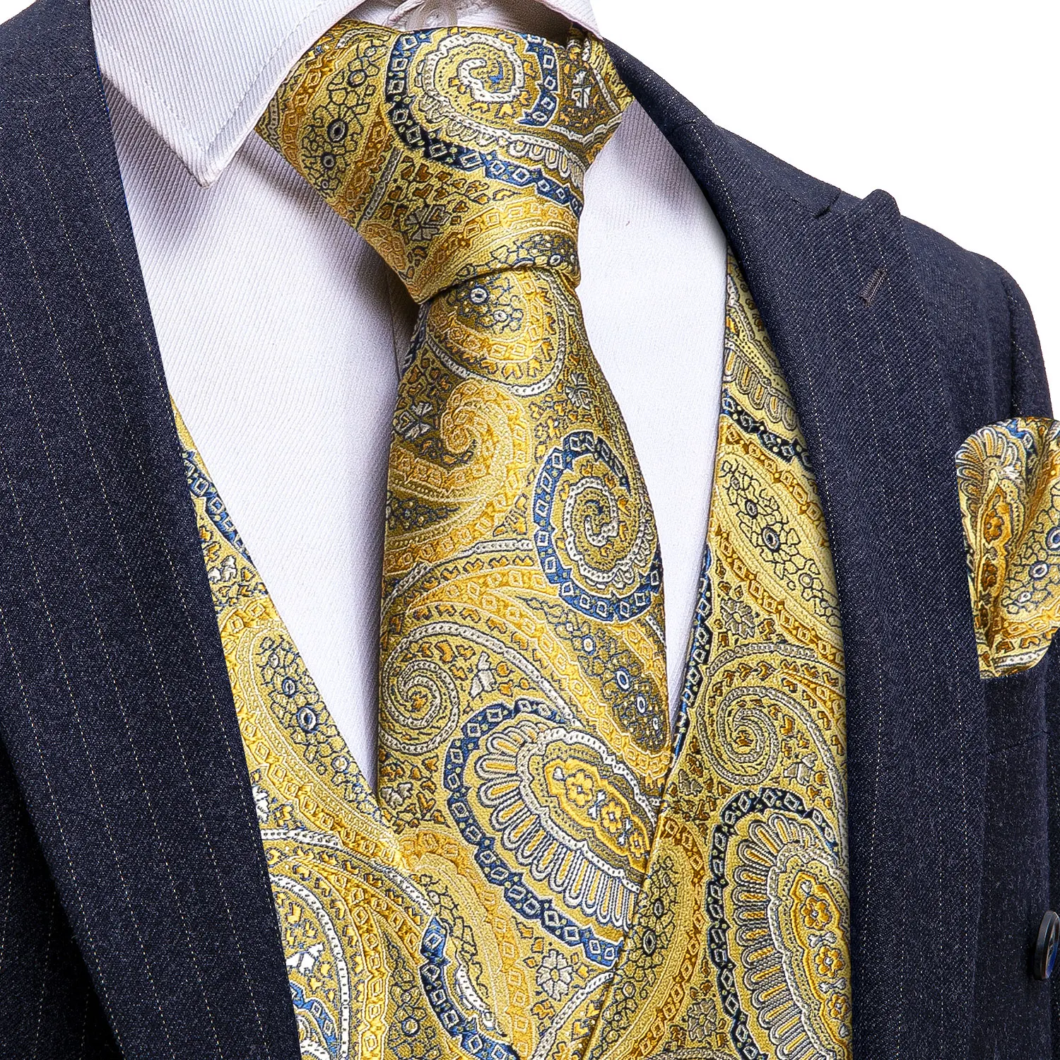 4PC Mens Extra Silk Vest Party Wedding Gold Paisley Solid Floral Waistcoat Vest Pocket Square Tie Suit Set Barry.Wang BM-2017