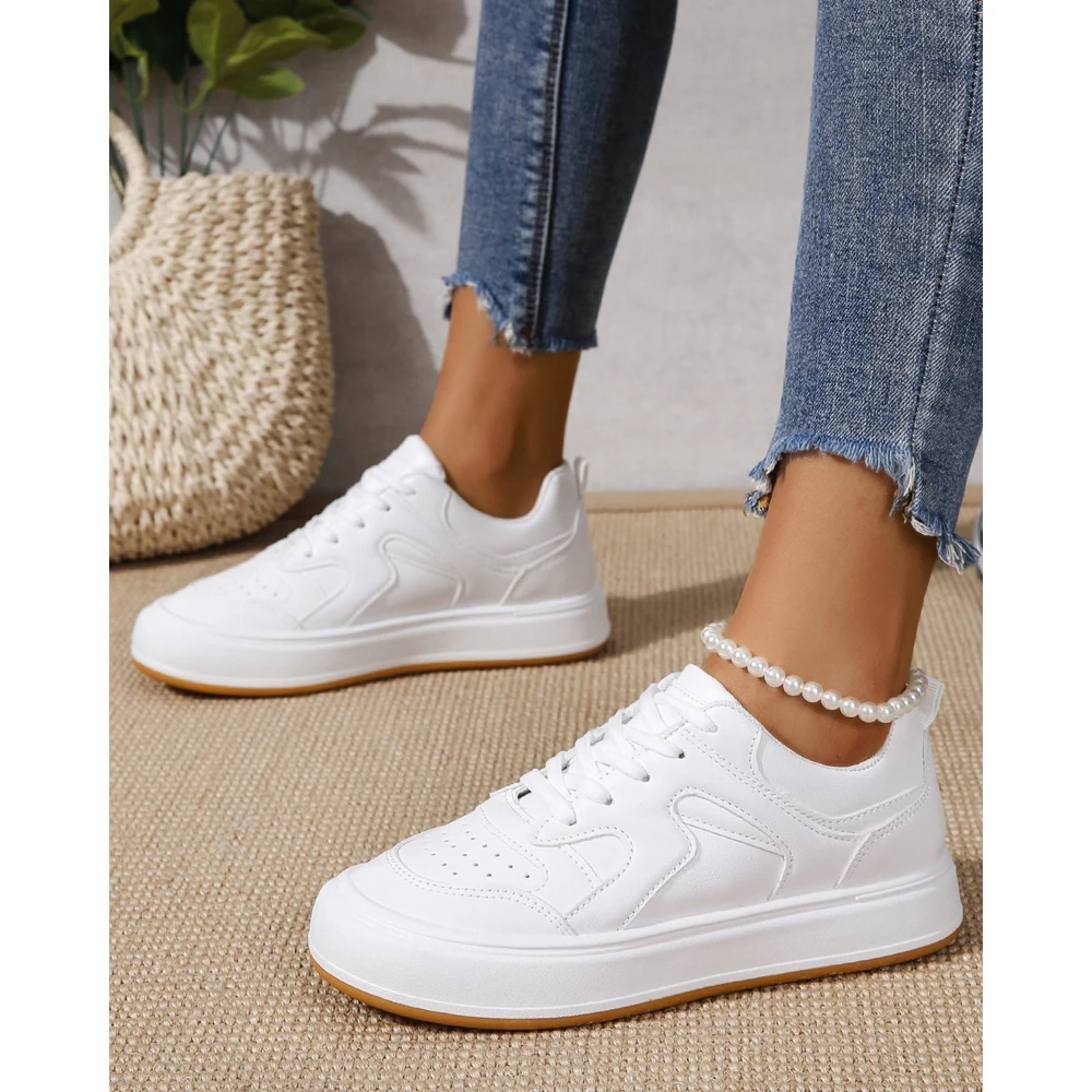 

Women Eyelet Lace-up Round Toe Breathable White Shoes Autumn Casual Daily Flats Sneakers Korean Style Spring Autumn