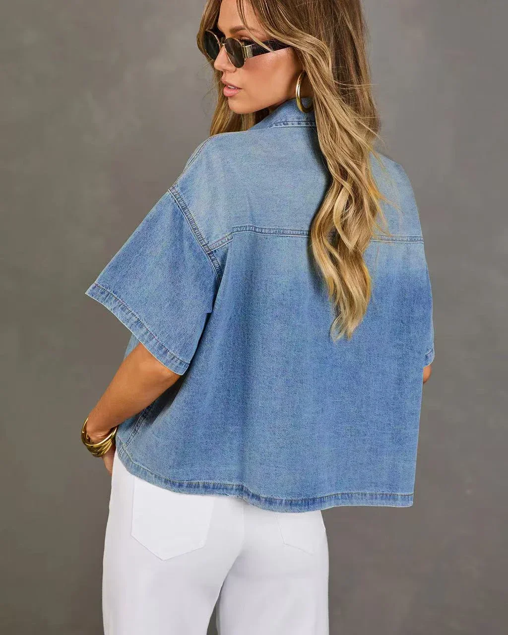 Loose Fit Short Shirt Style Denim Top Minimalist Design Single Pocket Casual Short Sleeve Jeans Upper Wear