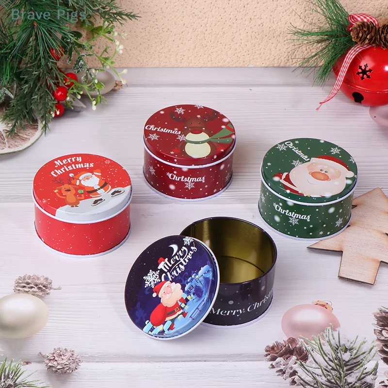 1Pc Tinplate Christmas Candy Can Round Cartoon Santa Claus Elk Letter Printed Box Xmas Candy Chocolate Cookie Box Small Gift Box