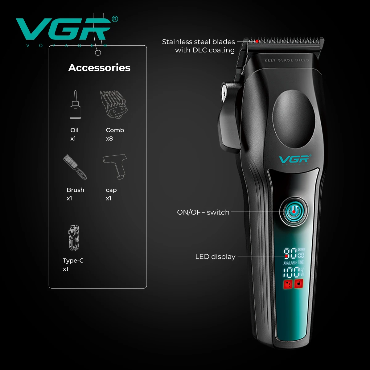 VGR جديد الراقية مقص الشعر الجسم المعدني سبائك التيتانيوم شفرة حادة الشعر المتقلب LCD ماكينة حلاقة رقمية ذكية V-195