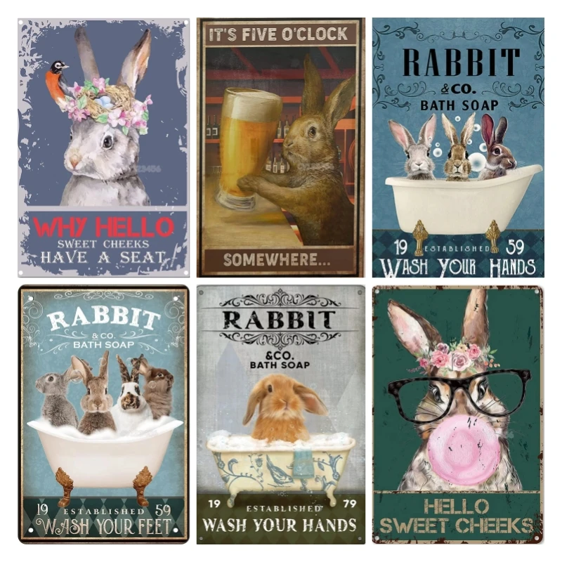 Funny  Vintage Metal Bunny Tin Sign Beware of The Rabbit  Bunny Lover  Rabbit Sign Effect Plaque for Farmhouse Home 8x12inch