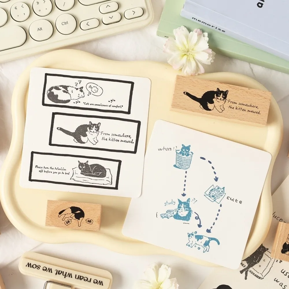8pcs New Wooden Stamp Set DIY Crafts Stationery Supplies Hand Carved Stamps Cartoon Cat Journal Stamps for Children