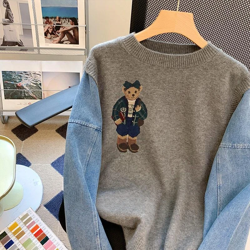 2024 New Top Two Sweaters Women Autumn-winter Lazy Advanced Sense with Thick Denim Patchwork Jumper Knitwear Trend