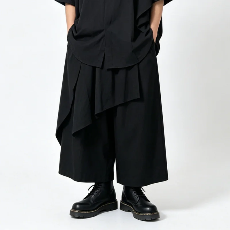 Men's casual pants, dark-toned irregular skirt-pants, loose wide-leg cropped pants, trendy high-waisted pants A69