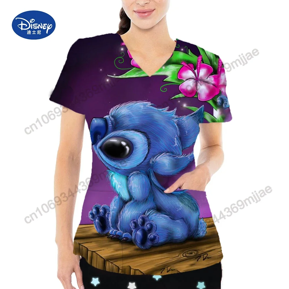 

Summer New Casual Comfortable Short Sleeve Women's Top Disney Cartoon Style Women's Large Pocket V-neck Popular Women's T-shirt