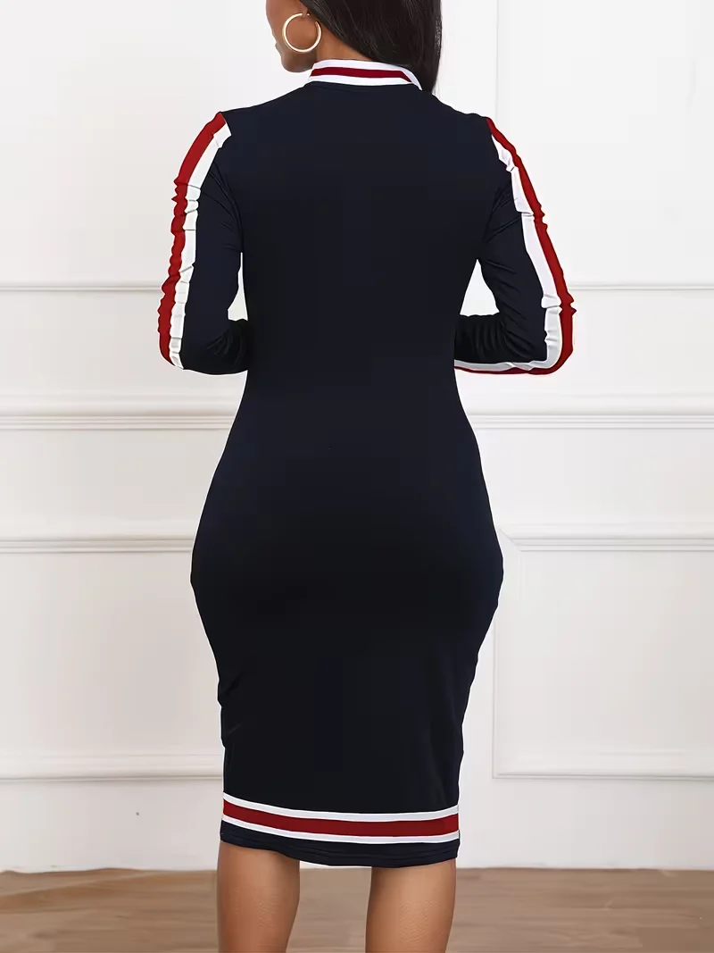 Womens Retro Contrast Color Striped Bodycon Dress Plus Size turtleneck Zipper Work Office Long Sleeve Casual Party Pencil Dress