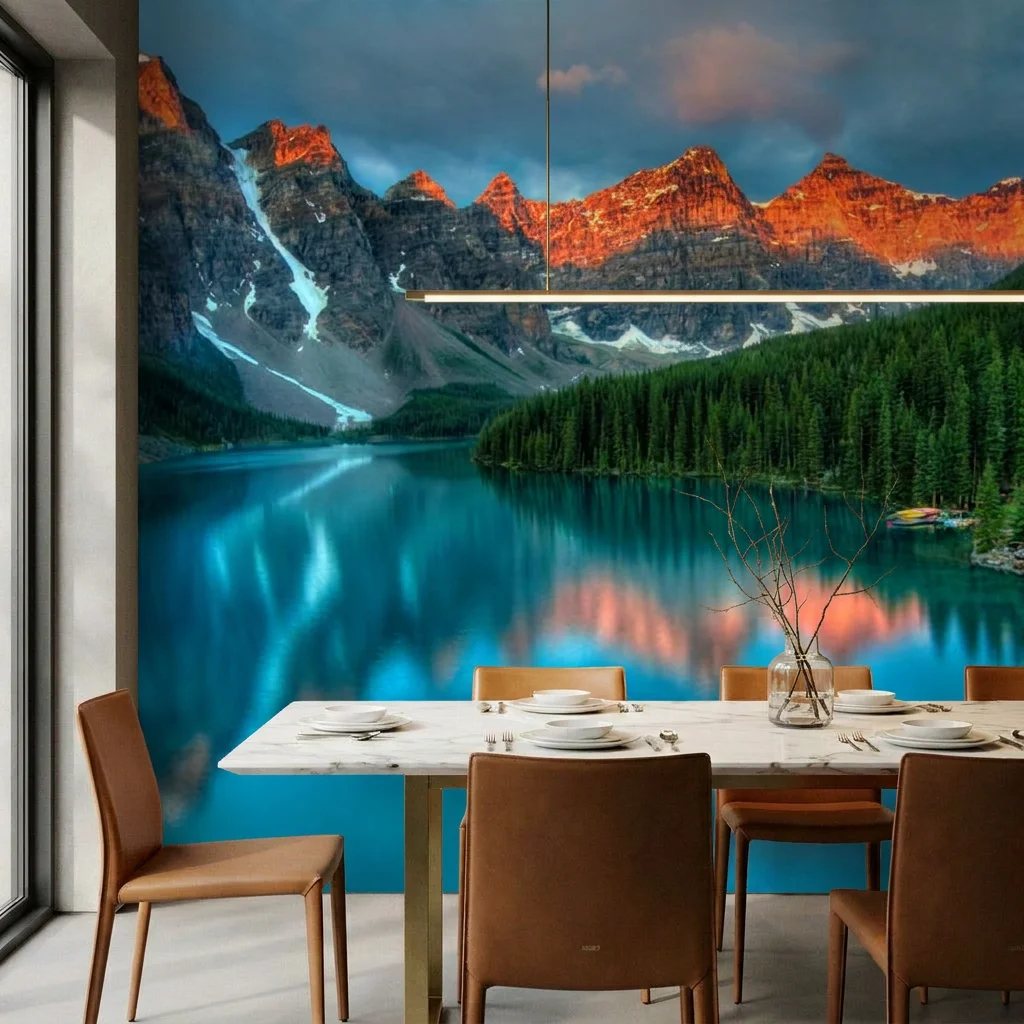 Rolling snow-capped peaks, alpine lake, background wall for living room and bedroom, self-adhesive material.