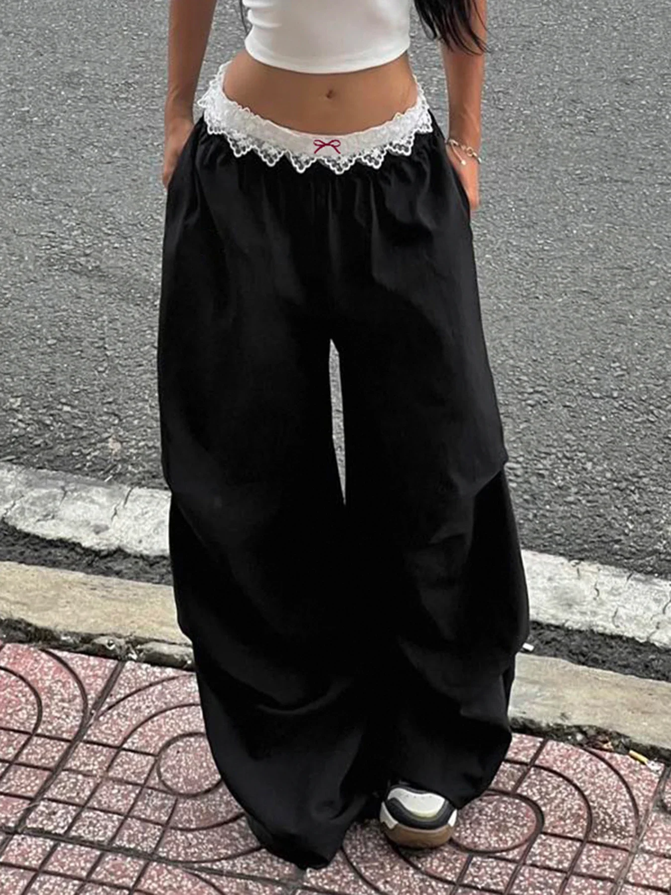 

Low Waisted Lace Patchwork Baggy Trousers Fashion Vintage Loose Streetwear Bow Pants Casual Chic Women's Bottoms