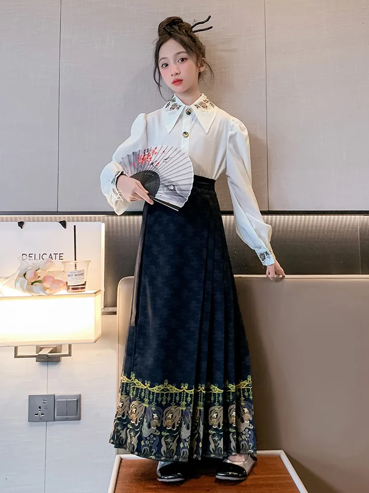 

Girls' Ming Dynasty Hanfu Horse Face Skirt Set Spring And Autumn 2023 New Chinese Fashion Network Popular Ancient Costume Skirt