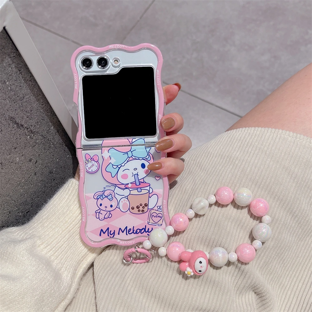 Funny Melody Phone Case For Samsung Galaxy Z Flip 7 6 5 4 3 Flip6 Flip7FE Flip5 Cover with Hand Chain Kawaii Cartoon Shell