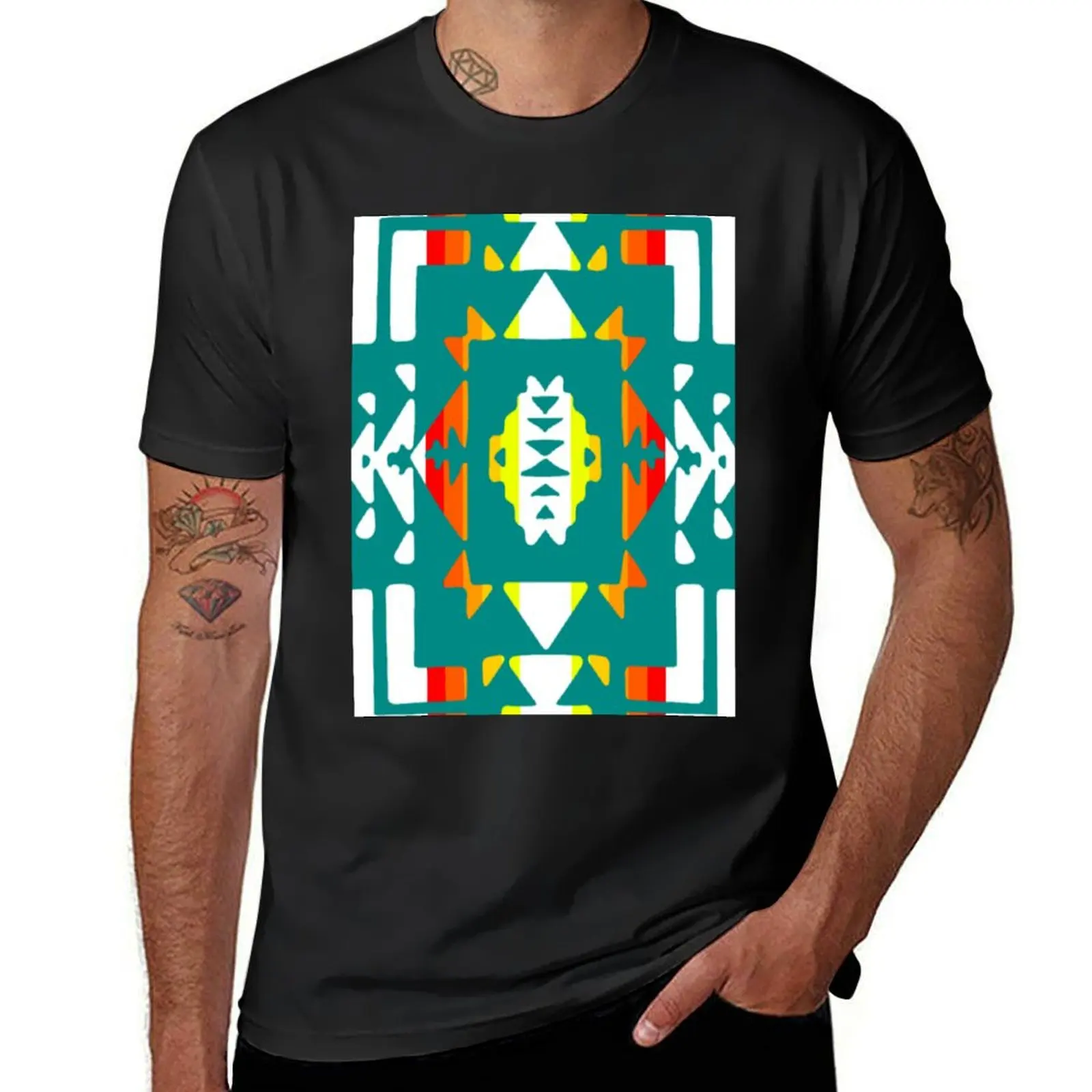 Teal / Fire Colors / White Native Blanket Print T-Shirt kawaii clothes tops Men's cotton t-shirt