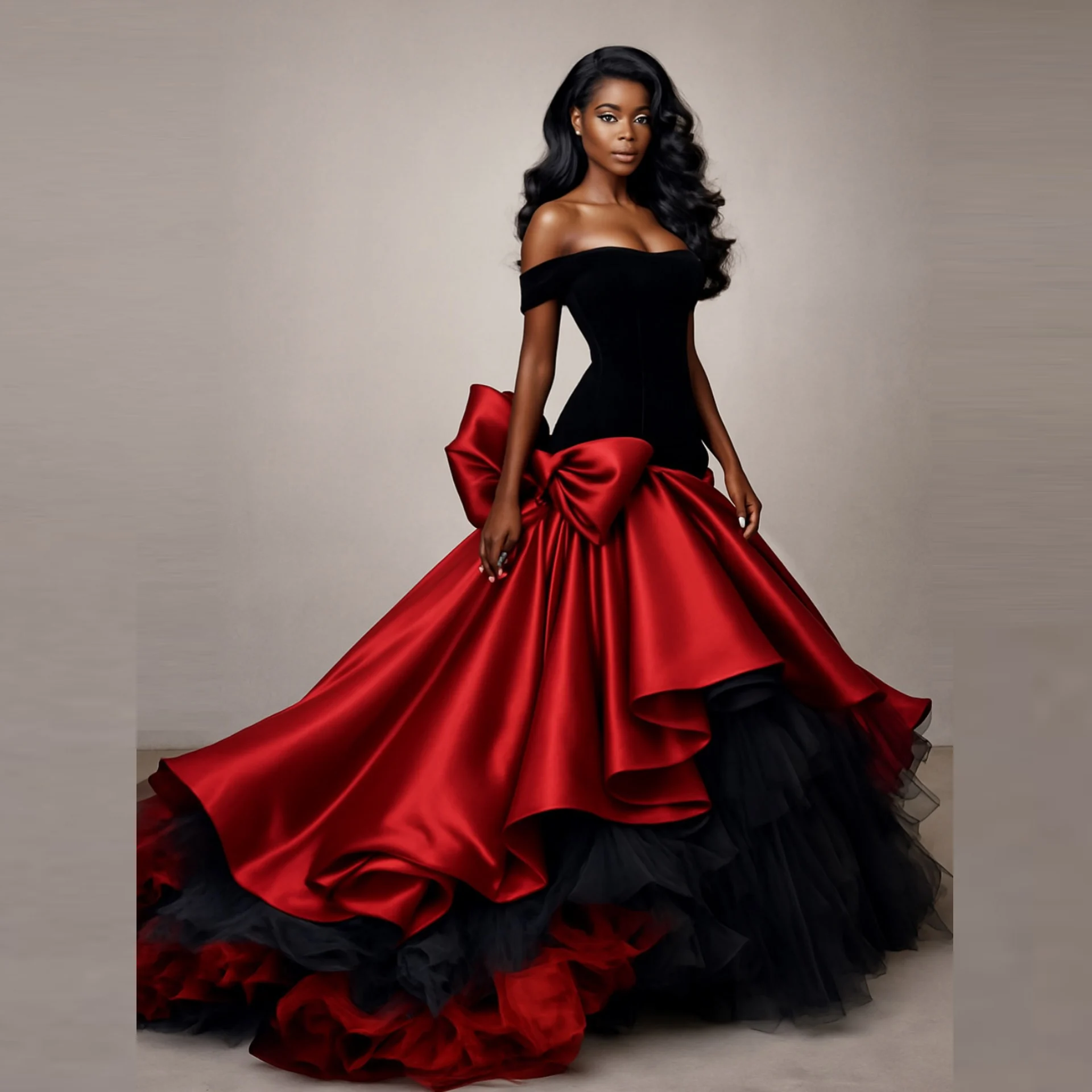 

Aso Ebi Черно-красное платье для выпускного вечера с открытыми плечами из атласа с большим бантом Вечерние платья трапециевидной формы с многоуровневым тюлевым шлейфом Вечернее платье