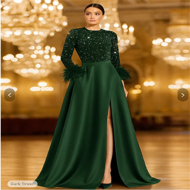 A-Line Floor Length Evening Gown Ball Gown Formal Dress Elegant High Split Silky Long Sleeve Crew Neck Wedding Formal Pocket