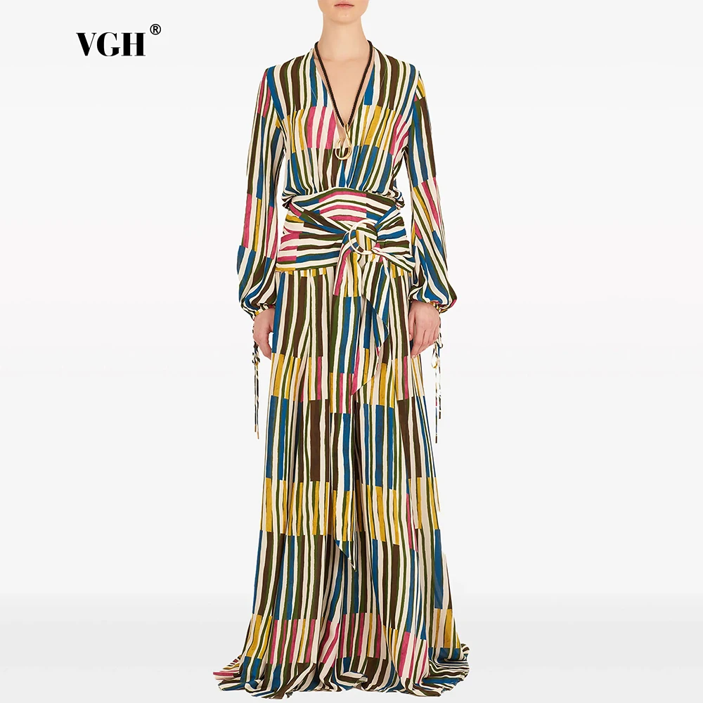 

VGH Hit Color Striped Dresses For Women V Neck Lantern Sleeve High Waist Spliced Lace Up Slim Long Dress Female Summer Clothing