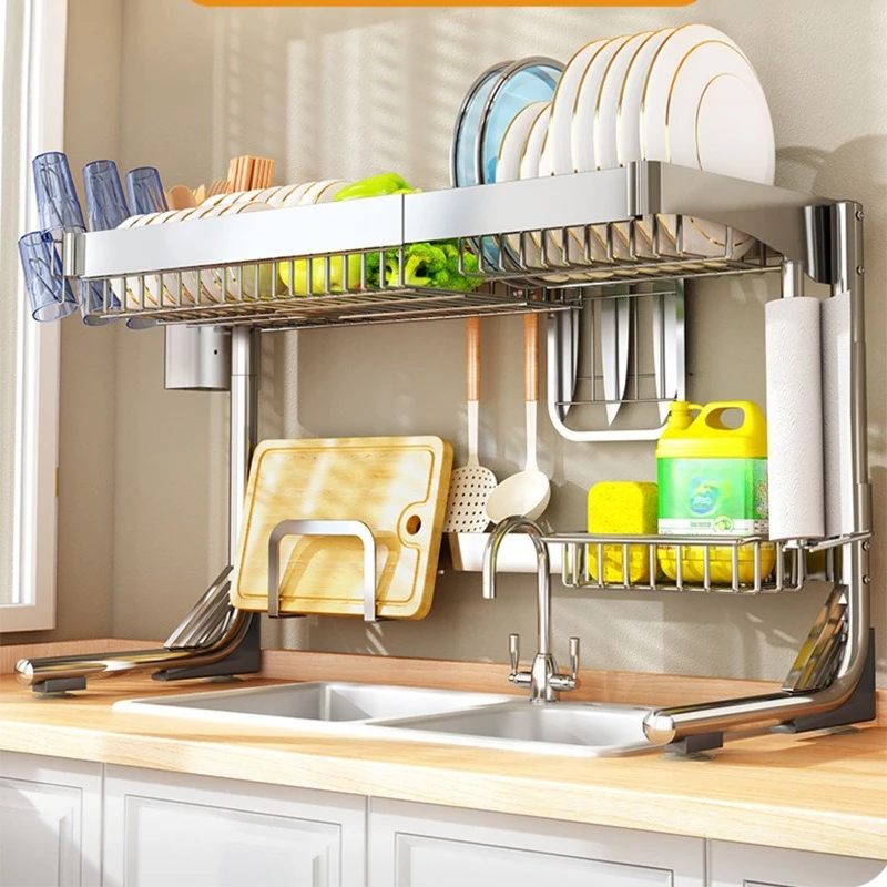 Stainless Steel Kitchen Sink Shelf Countertop Multifunctional Bowl Rack Dish Drain Rack Sink Upper Dish Storage Rack