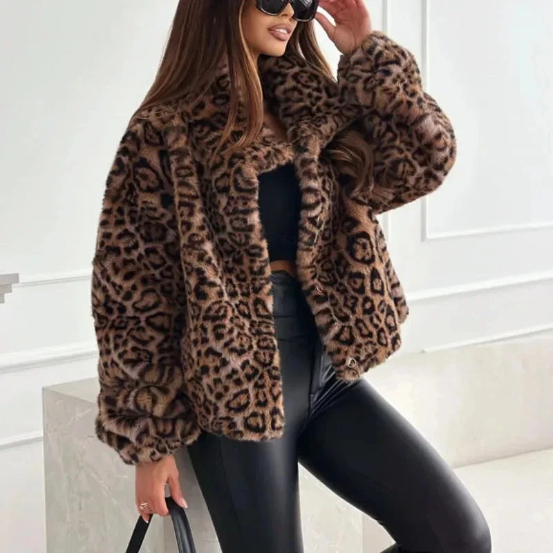 Faionable ort Faux Fur Jaet Leopard Print Women's Outerwear Casual Sle Long Sve Loose Fit Autumn Winter Coat