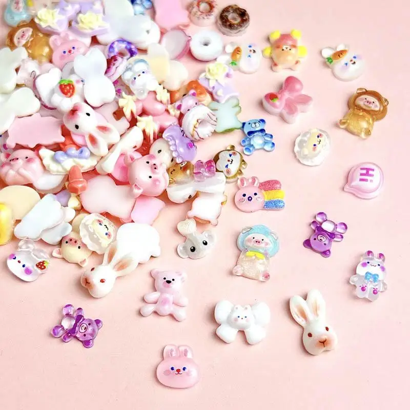 Cartoon Little Rabbit Crying Bear Nail Art Decorations Colorful Magic Wand Bow Funny Sausage Mouth Resin Nail Charms for DIY