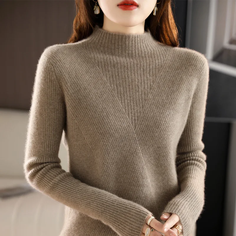 Cashmere Sweater Women Pure Color Half high collar Casual Long-sleeved Loose Pullover Cashmere Sweater Women's