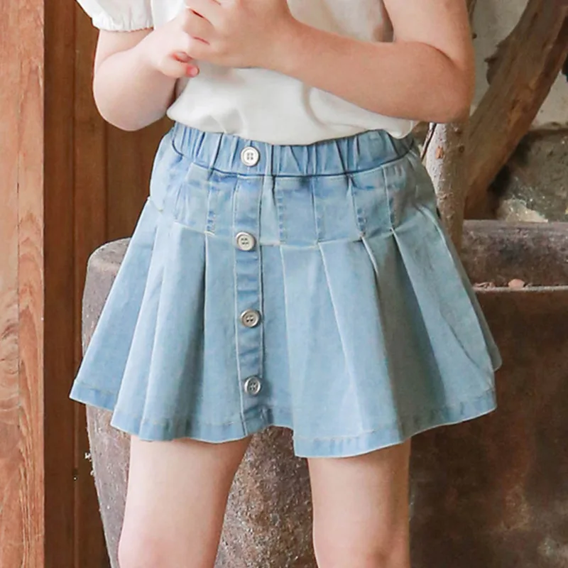 

2024 Summer Korean Children's Wear Children's and Girls' Fashionable Pleated Button Jeans Skirt teenage girls clothing