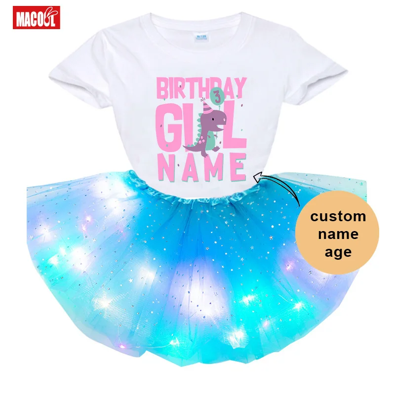 

Birthday Princess Party T Shirt Dinosaur Girl Birthday Outfits Tutu Dress Princess Set Dress + T Shirt 2-9 Years Luminous Skirt