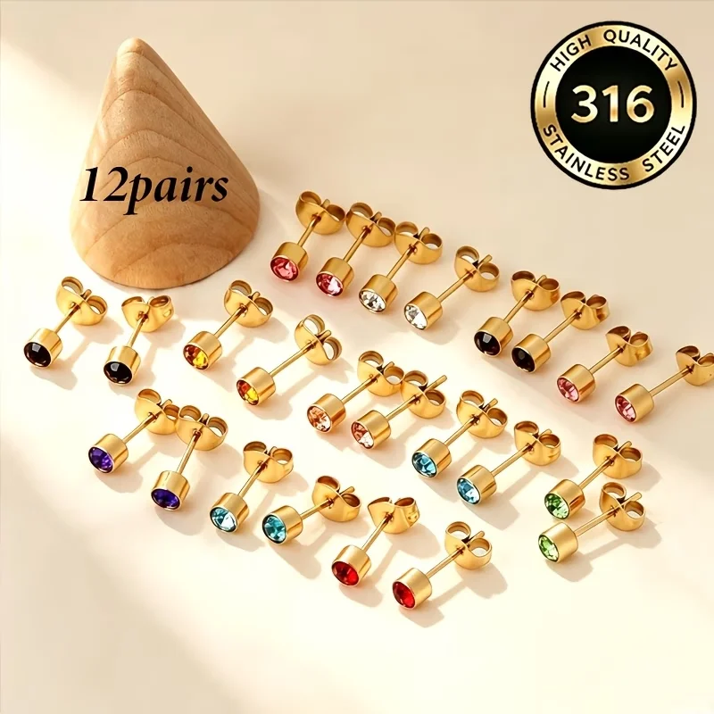 12 Pairs Stud Earrings Stainless Steel Bohemian Exquisite Multicolor Zirconia Stud Earrings Sweet Romantic Fashion Simple Versat