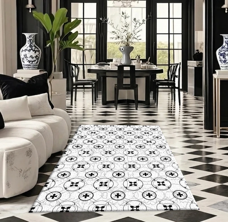 Black and White Minimalist Cross Circle Geometric Carpet Floor Decoration Simple Line Art Seamless Print Square Carpet Suitable for Home Interior Decoration