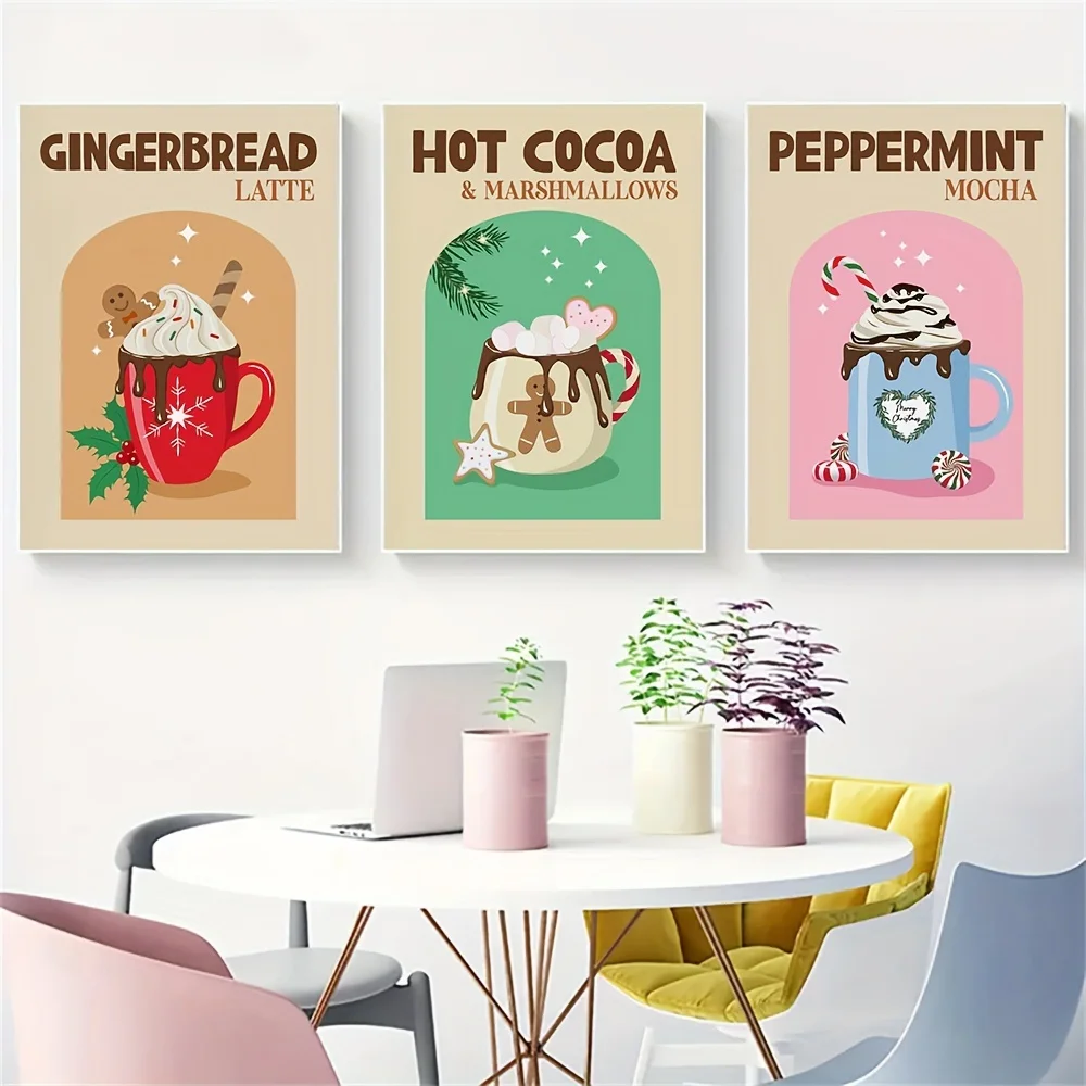 （NO Frame 3PCS）-（NOframe 3PCS）-2D Flat, 2D Flat, Set of 3 Canvas Prints, Unframed Vintage Christmas Wall Art - Hot Cocoa Bar