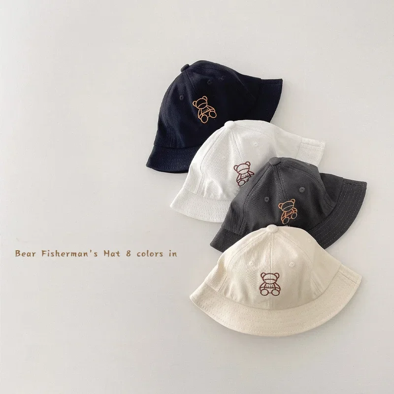 

Cute INS Casual Bucket Hat for Summer Kids Boy Girl Sporty Cartoon Bear Fishmen Sunshade Hat Portable Travel Soft Toddler Cap