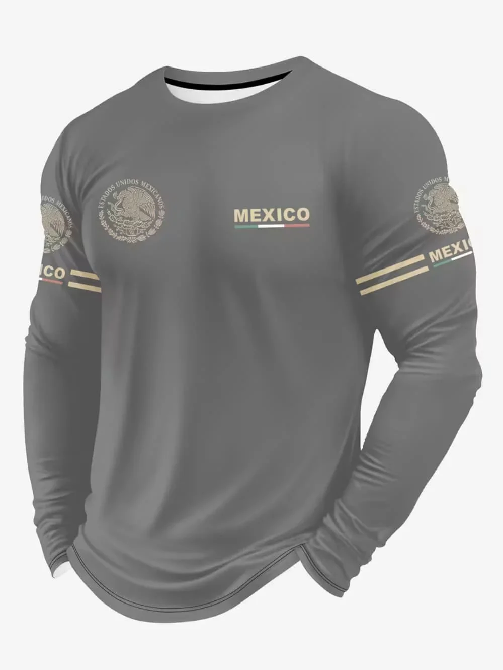 Men's Mexico Eagle Print T‑Shirt, Fashion Comfortable Long‑Sleeve T‑Shirt, Casual O‑Neck Pullover, Loose Men's Tops for Autumn - view 3