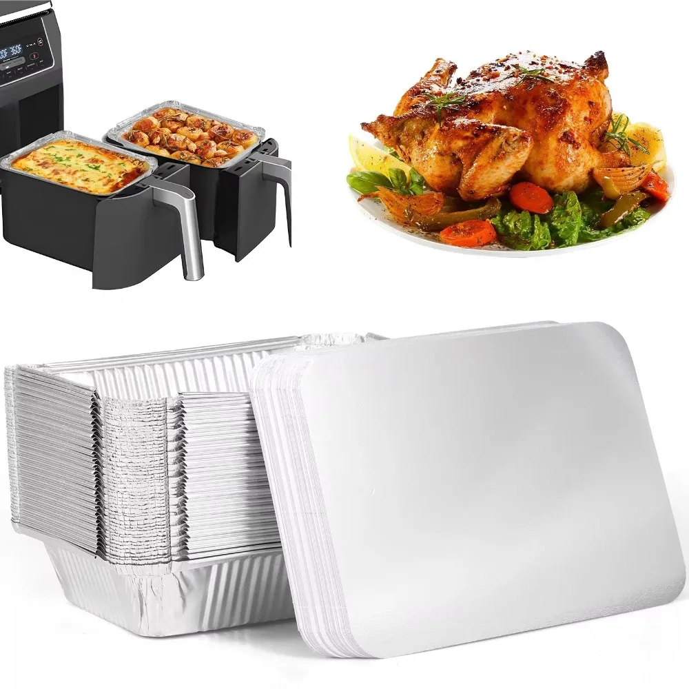 10PCS New With Lids Aluminum Foil Trays Square Non-Stick BBQ Bowl Cooking Kitchen Tool Disposable Baking Pans Takeaway