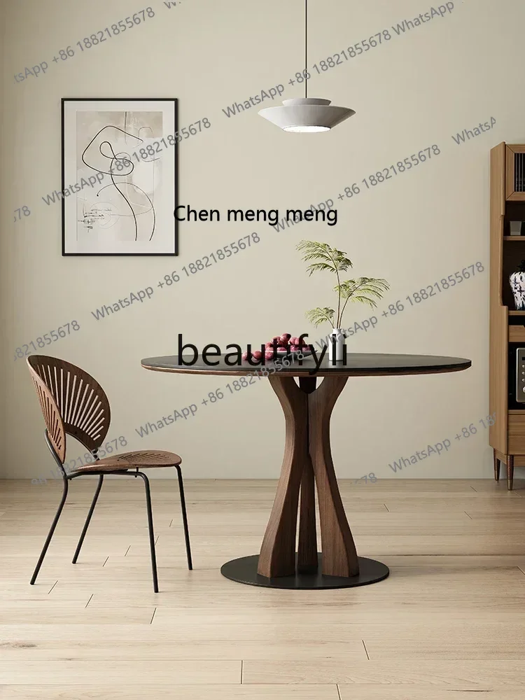 M178 A Dota black walnut retro solid wood round dining table pure black Delifeng rock slab round table dining table