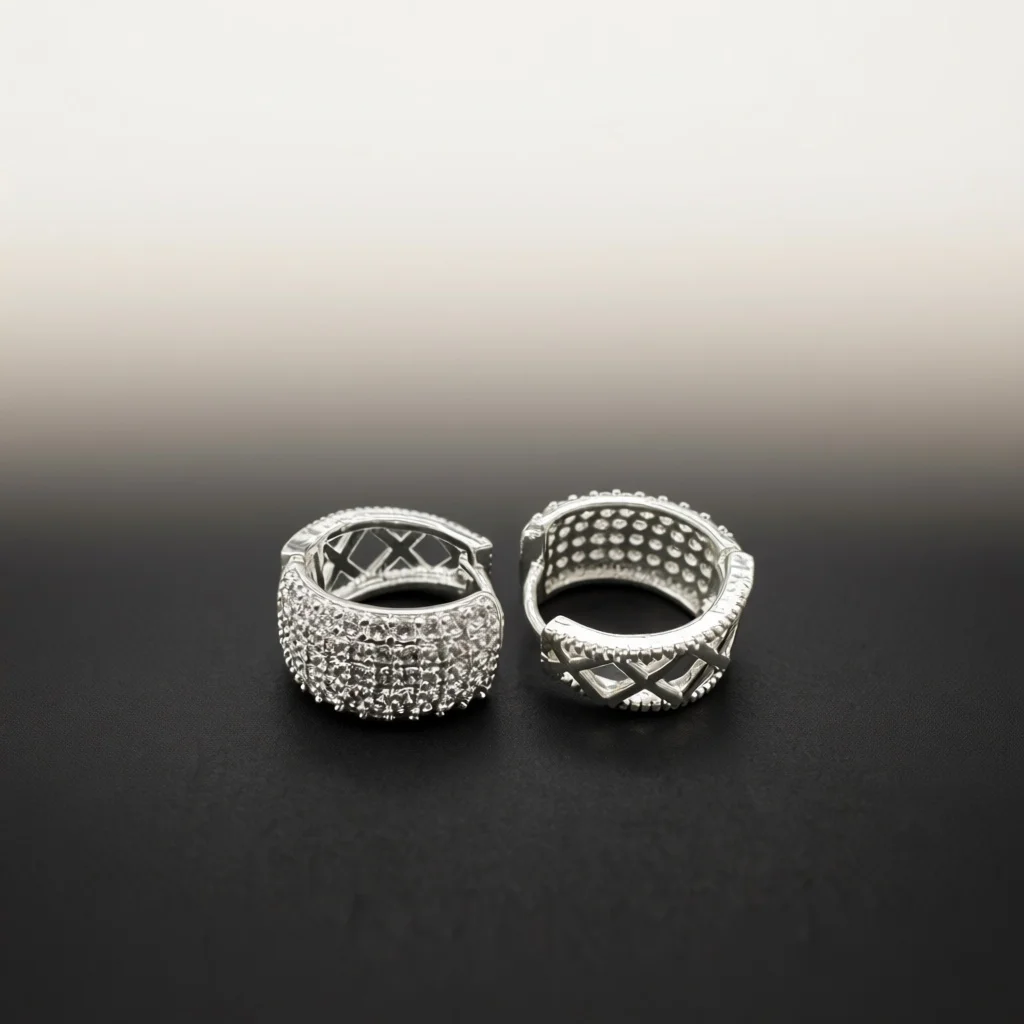 Women Silver Tone Wide Multi‑Row Pave Zircon Huggie Hoop Earrings, Full Sparkle Snap‑On Ear Jewelry Gift for Birthday Holiday