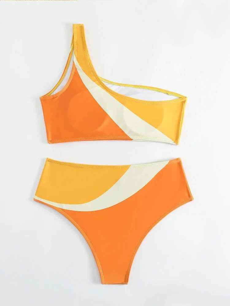 Sexy Print One Shoulder Bikinis 2 Piece Set Women Split Swimsuit High Waist Beach Bikinis 2025 New Summer Swimwear Bikinis Set