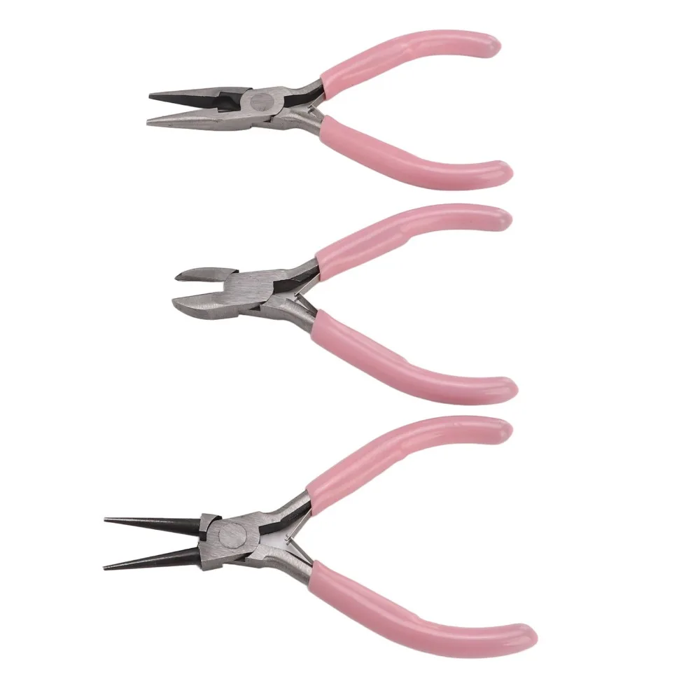 3pcs Clamp Pink Jewelry Pliers Round Nose Needle Nose Pliers Set Carbon Steel Diagonal Nose DIY Tools Crafts DIY
