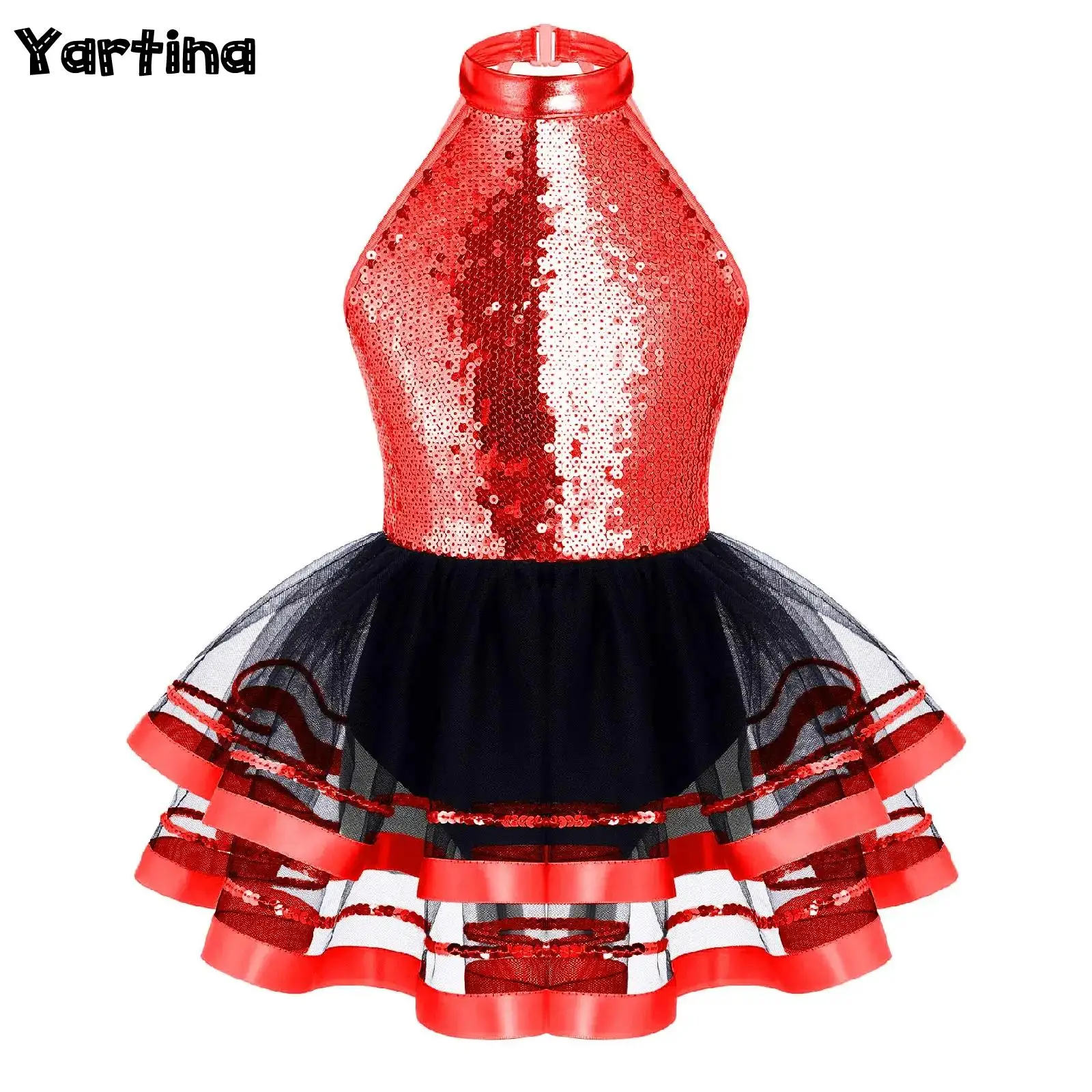 

Kids Girls Sequins Ballet Jersey Costume Gymnastics Leotard Figure Skating Latin Jazz Dance Performance Mesh Tutu Skirted Dress