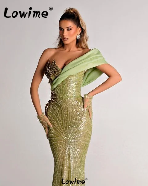 Aso Ebi Arabic Evening Dress Green Beaded Off Shoulder Mermaid Prom Dress Sequined Party Engagement Gowns Dresses Robe De Soiree