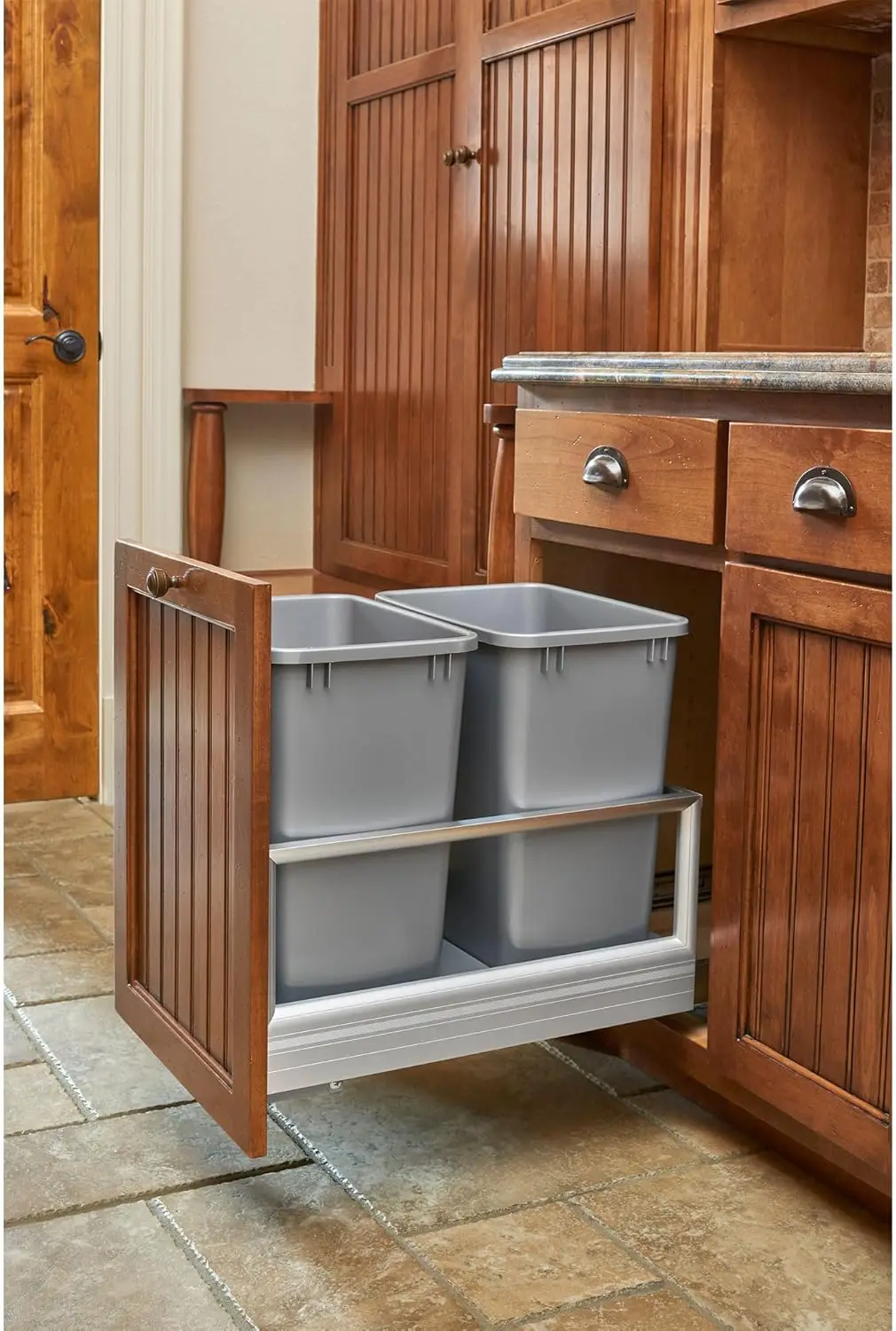 Rev-A-Shelf Double 35 Quart Pull Out Trash Can For Base Kitchen Cabinets, Storage Garage Bin On Wire Basket With Soft Close,