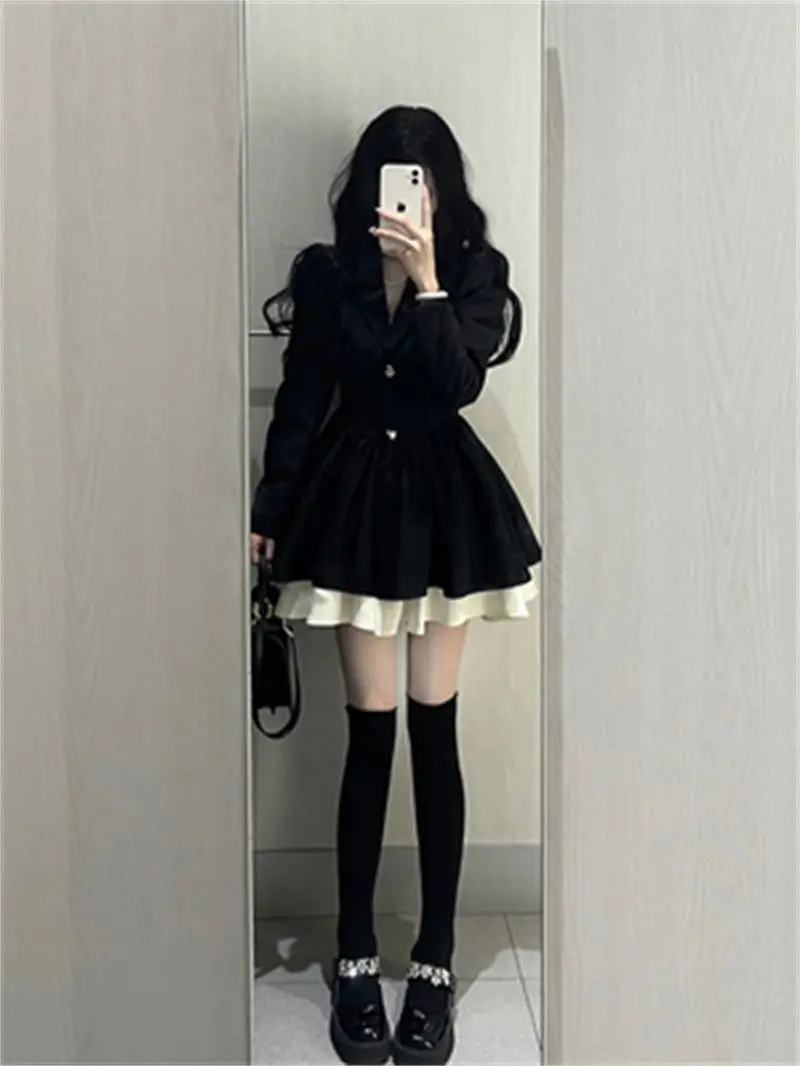 French High-end Temperament Black Suit Dress Women\'s Plus Size Waist Cinched Princess Puffy Skirt