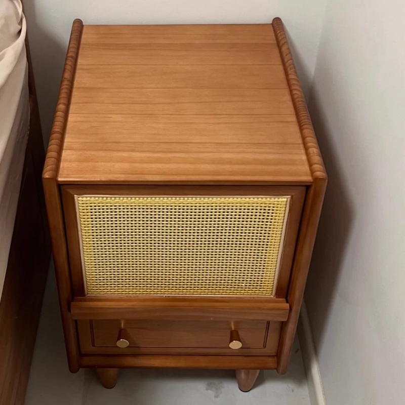 

Nordic Real Wood Night Table Compact Rattan Woven Storage Cabinet Small Apartment Bedrooms Modern Light Luxury Functional Drawer