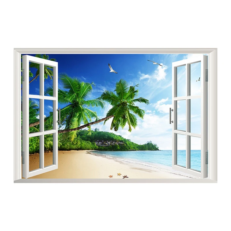 Sea View Mural 3D Wall Art Vinyl Fake Window Landscape Poster Stickers Home Decoration Seabird Beach Palm Tree Scenery Wallpaper