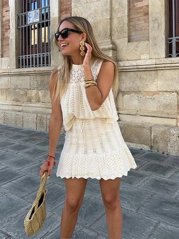 Set di gonne da donna in maglia jacquard lavorata a maglia nuova elegante minigonna a trapezio con coulisse e gilet senza maniche con scollo a O scavato