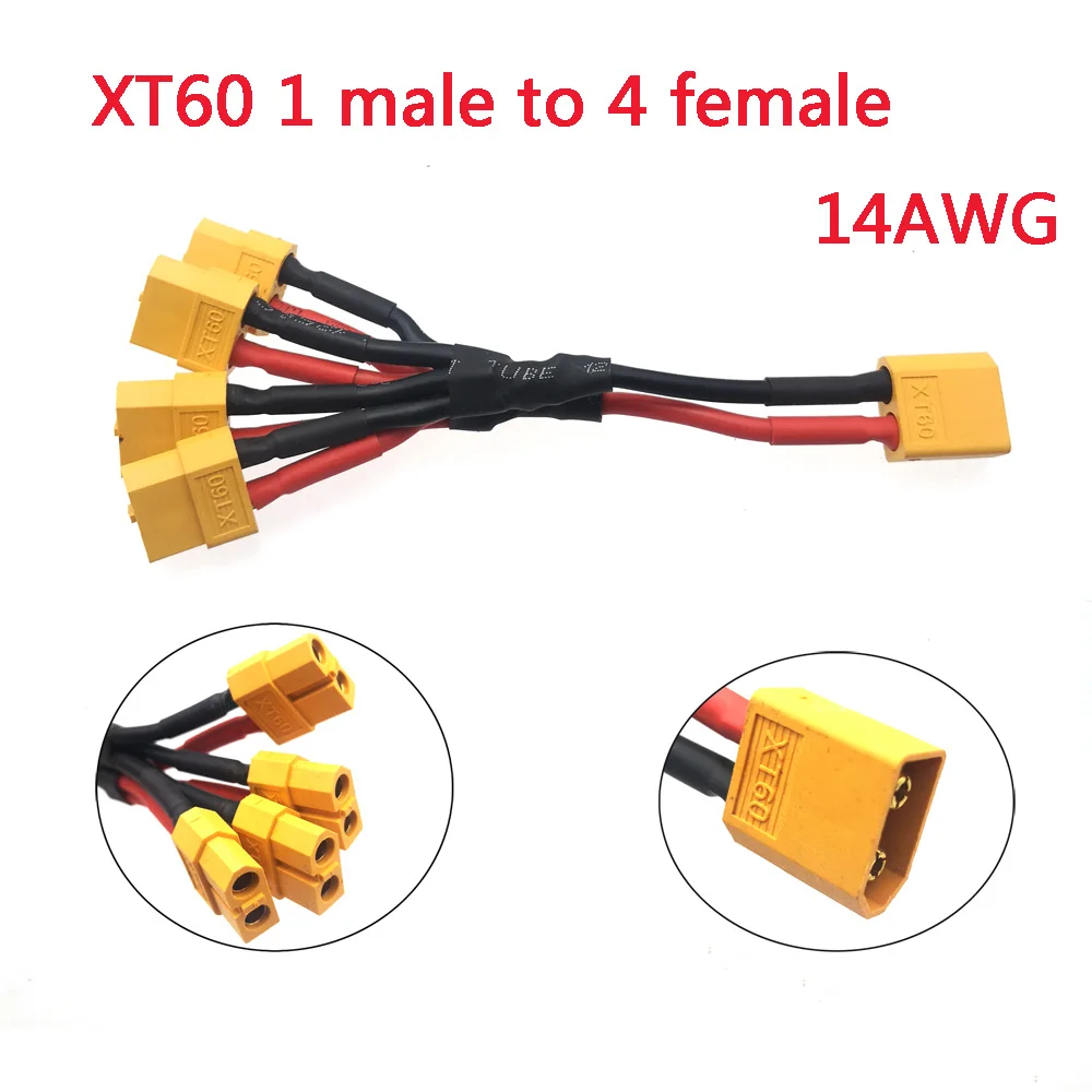 XT60 Parallel Batteriestecker 14AWG1 Plug to 4 Socket Cable Dual Extension y Splitter Silicone Wire to Increase Battery Capacity