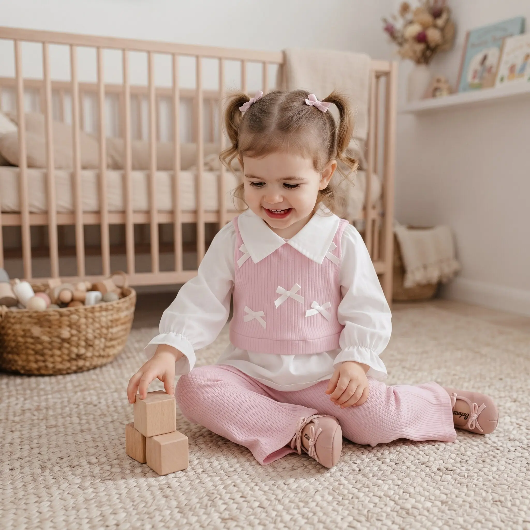 Spring Autumn Baby Girl Pink Bow Fake Two-Piece Collar Set, Infant Flare Sleeve Top Ribbed Flare Pants 2Pcs Outfit