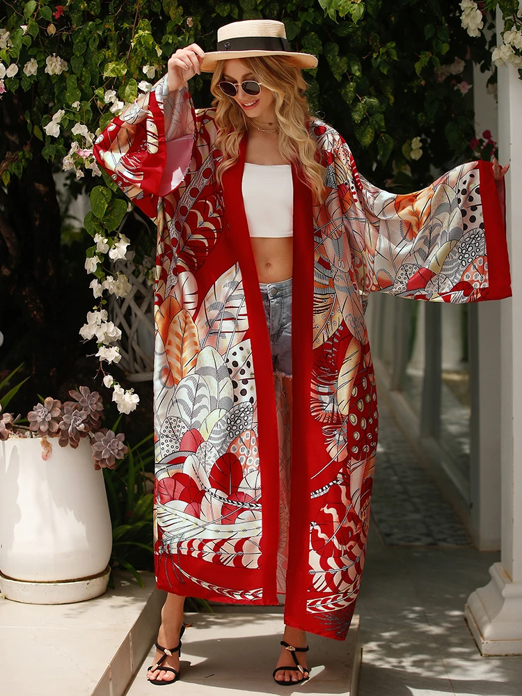 Bohemian Style Long Sleeve Beach Cover-Up Kimono, Tribal Print Kimono Cardigan, Sun Protection Open Front Swimwear Cover-Up