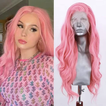 Synthetische frontale kanten pruik Body Wave kanten pruik voor vrouwen Roze pruik Hittebestendig haar Lange golfpruik Pastelroze Dagelijks gebruik Cosplay